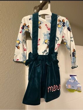 Bluey Girls Holiday Christmas Velvet Suspender Dress Set NWT